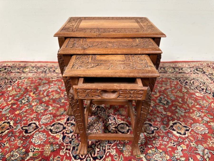 Set of Three Carved Wooden Nesting Tables 15'W x 11'D x 15.5'H [Photo 3]
