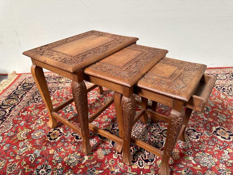 Set of Three Carved Wooden Nesting Tables 15'W x 11'D x 15.5'H [Photo 2]