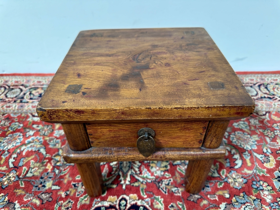 Vintage Wooden Chinese End Table with Drawer 10.5'W x 10.5'D x 10'H [Photo 3]