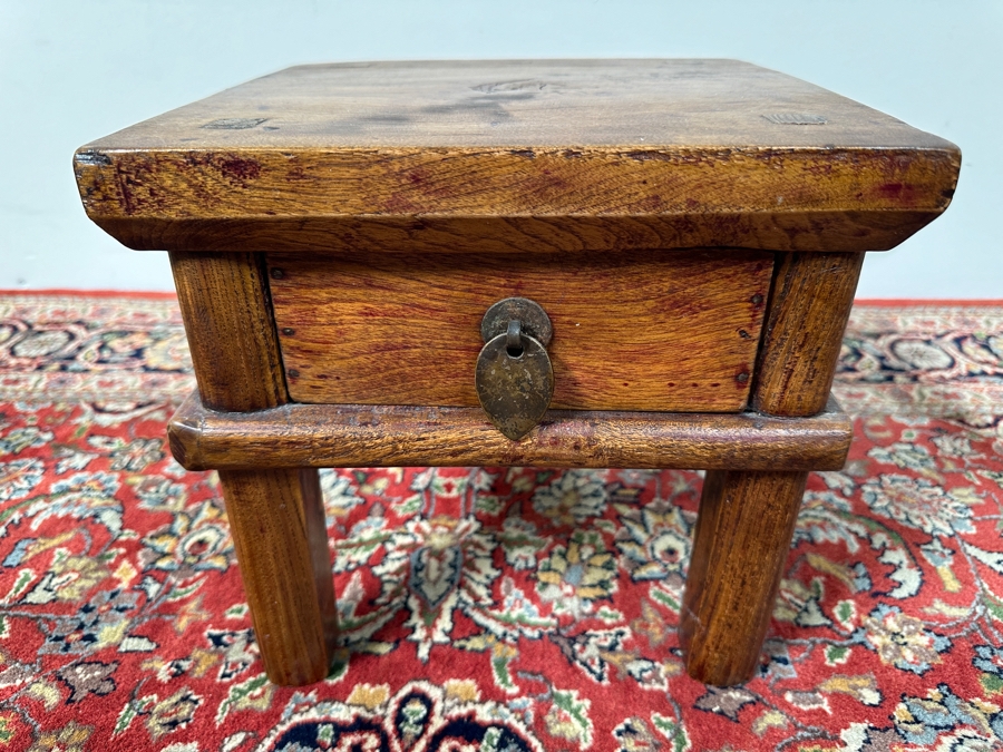 Vintage Wooden Chinese End Table with Drawer 10.5'W x 10.5'D x 10'H [Photo 4]