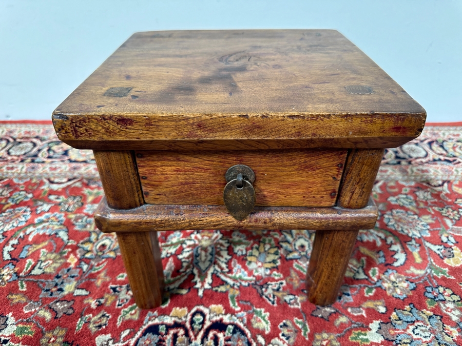 Vintage Wooden Chinese End Table with Drawer 10.5'W x 10.5'D x 10'H [Photo 2]