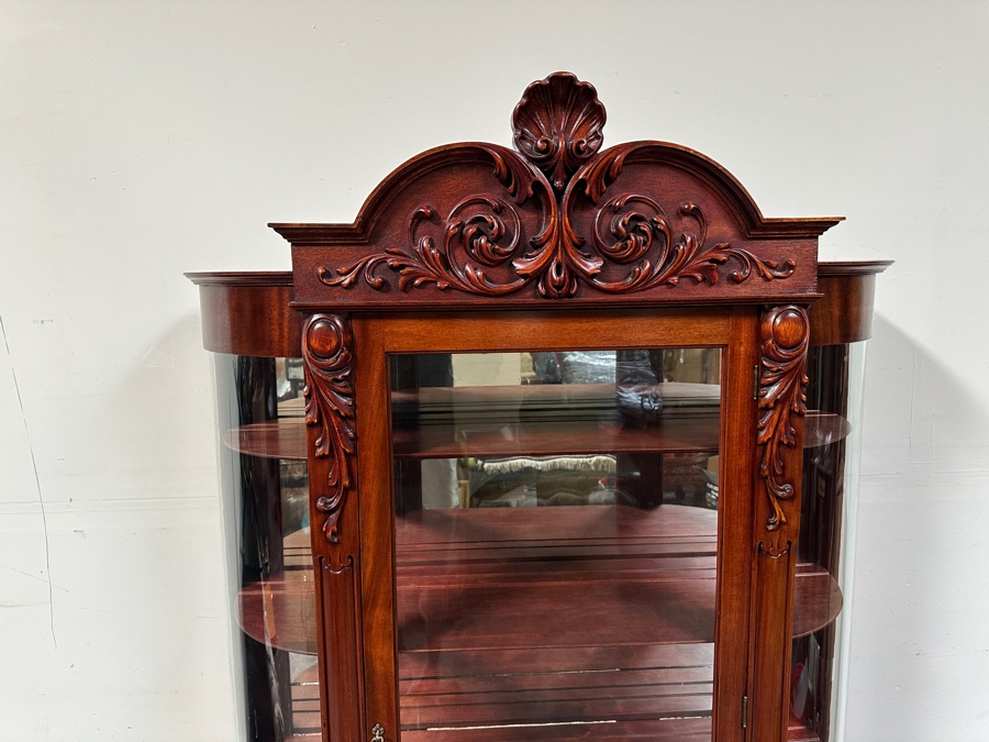 Antique Carved Mahogany Curio Cabinet on Casters with Claw Feet and Wooden Shelves 48'W x 15'D x 73'H [Photo 3]