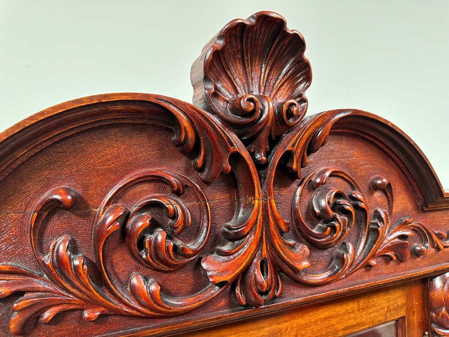 Antique Carved Mahogany Curio Cabinet on Casters with Claw Feet and Wooden Shelves 48'W x 15'D x 73'H [Photo 20]