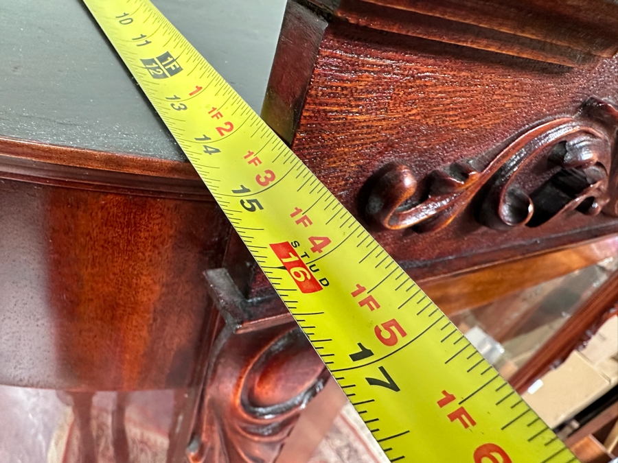 Antique Carved Mahogany Curio Cabinet on Casters with Claw Feet and Wooden Shelves 48'W x 15'D x 73'H [Photo 18]