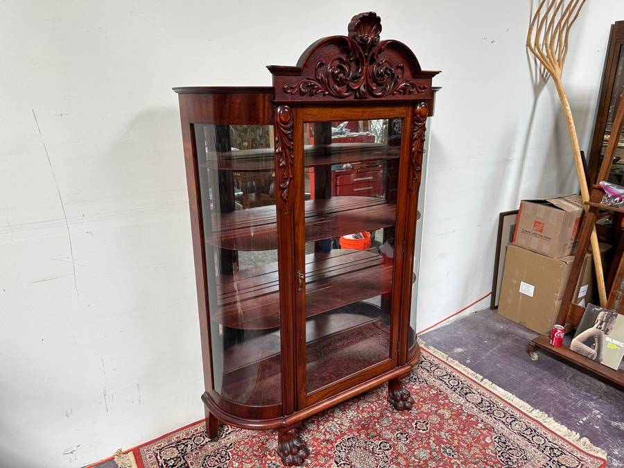 Antique Carved Mahogany Curio Cabinet on Casters with Claw Feet and Wooden Shelves 48'W x 15'D x 73'H [Photo 13]