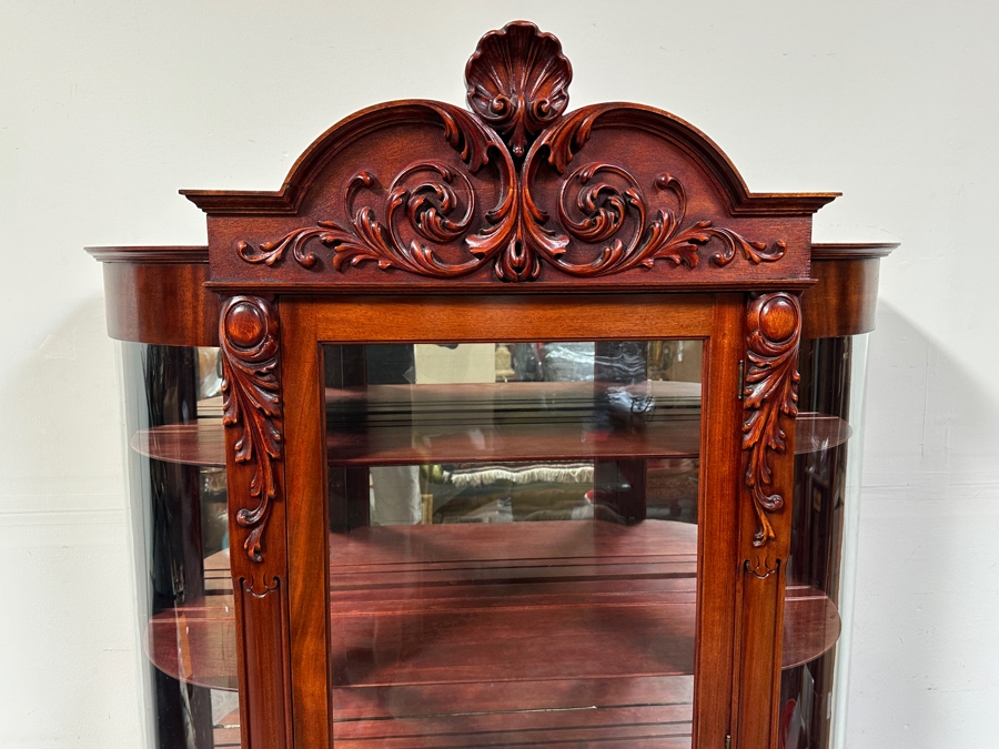 Antique Carved Mahogany Curio Cabinet on Casters with Claw Feet and Wooden Shelves 48'W x 15'D x 73'H [Photo 4]