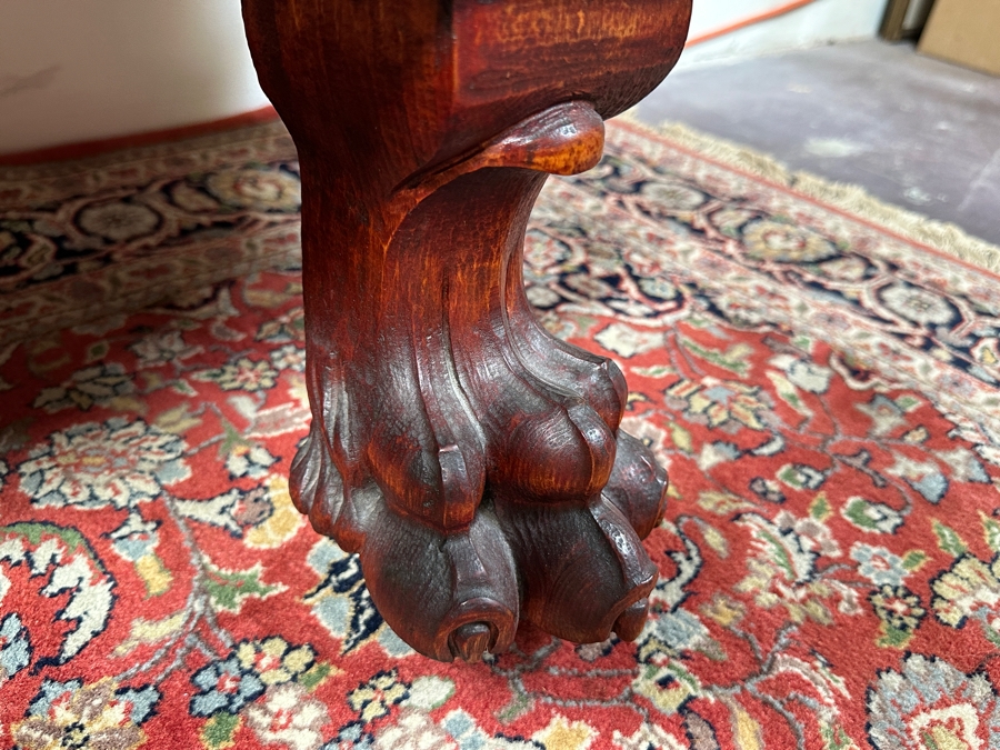 Antique Carved Mahogany Curio Cabinet on Casters with Claw Feet and Wooden Shelves 48'W x 15'D x 73'H [Photo 10]