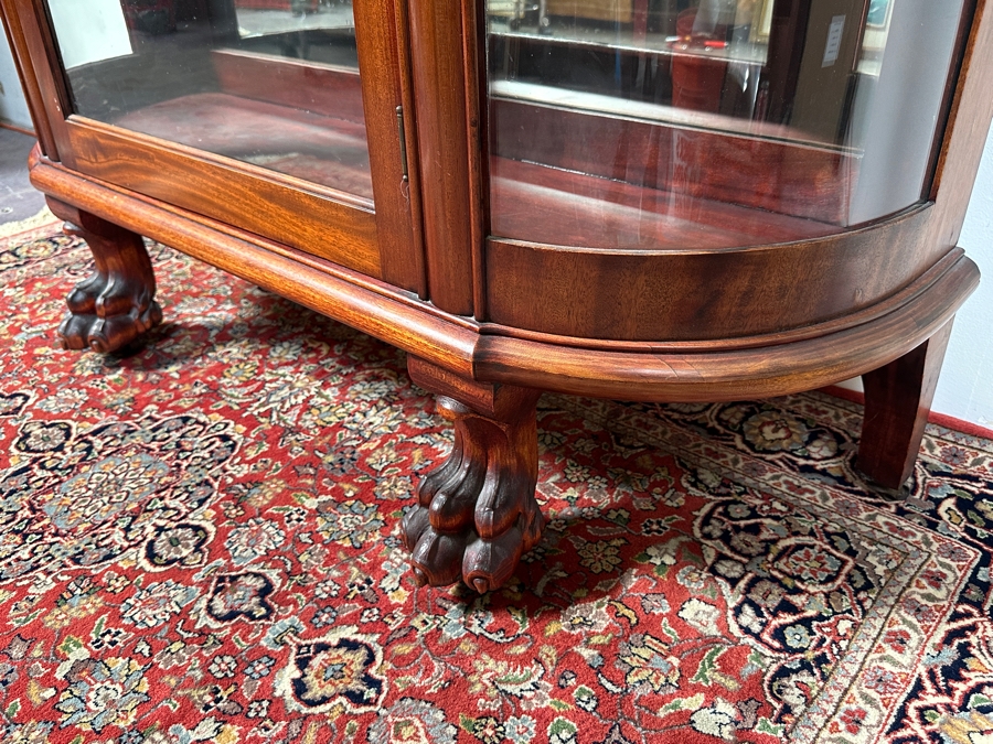 Antique Carved Mahogany Curio Cabinet on Casters with Claw Feet and Wooden Shelves 48'W x 15'D x 73'H [Photo 11]