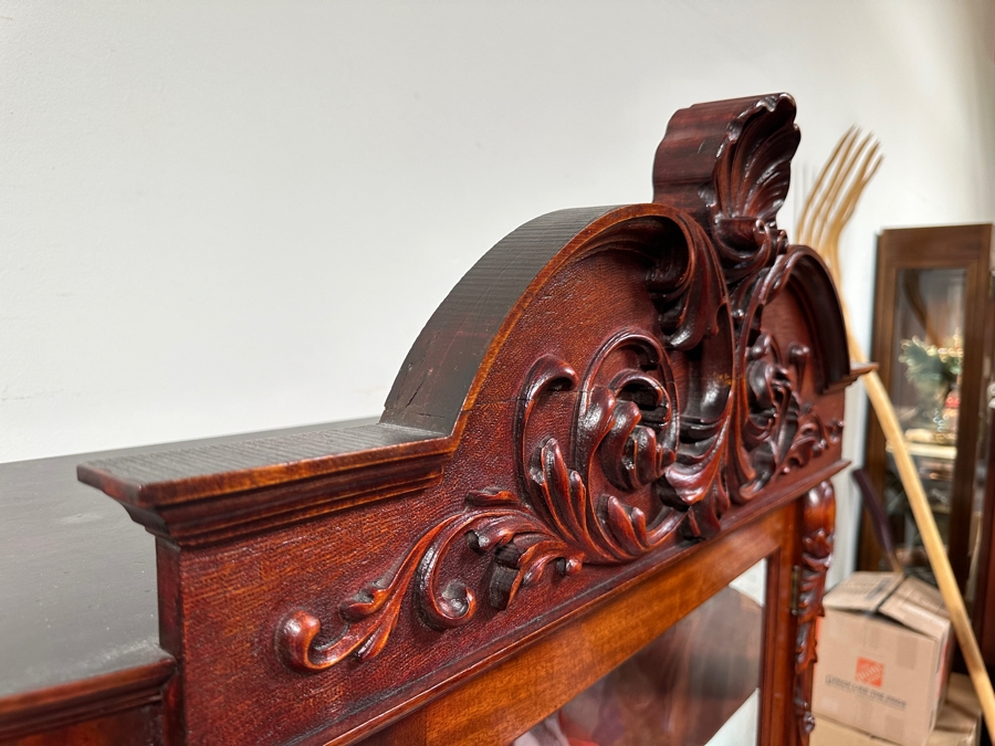 Antique Carved Mahogany Curio Cabinet on Casters with Claw Feet and Wooden Shelves 48'W x 15'D x 73'H [Photo 14]