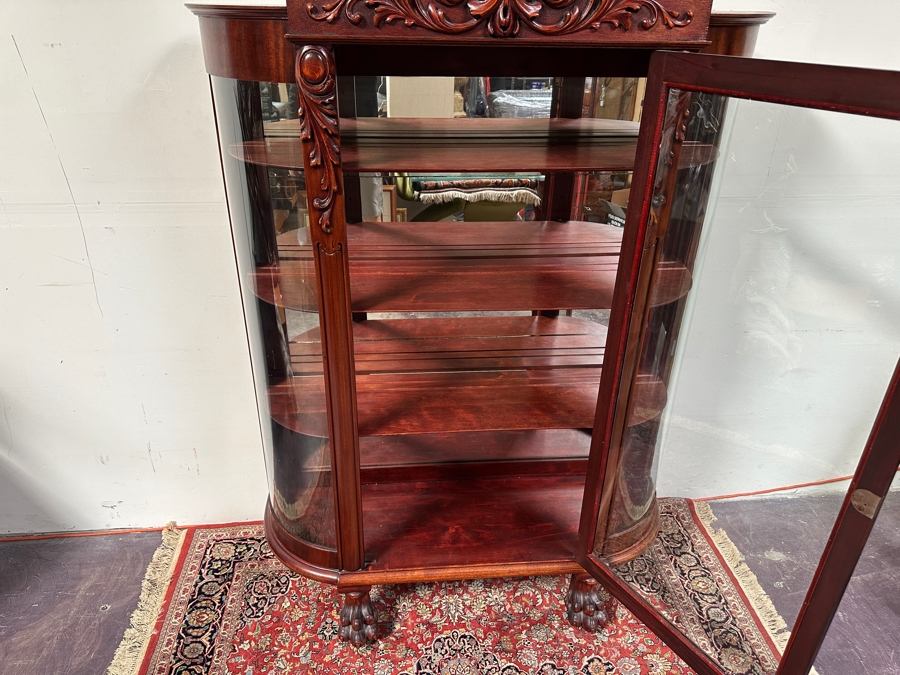 Antique Carved Mahogany Curio Cabinet on Casters with Claw Feet and Wooden Shelves 48'W x 15'D x 73'H [Photo 15]