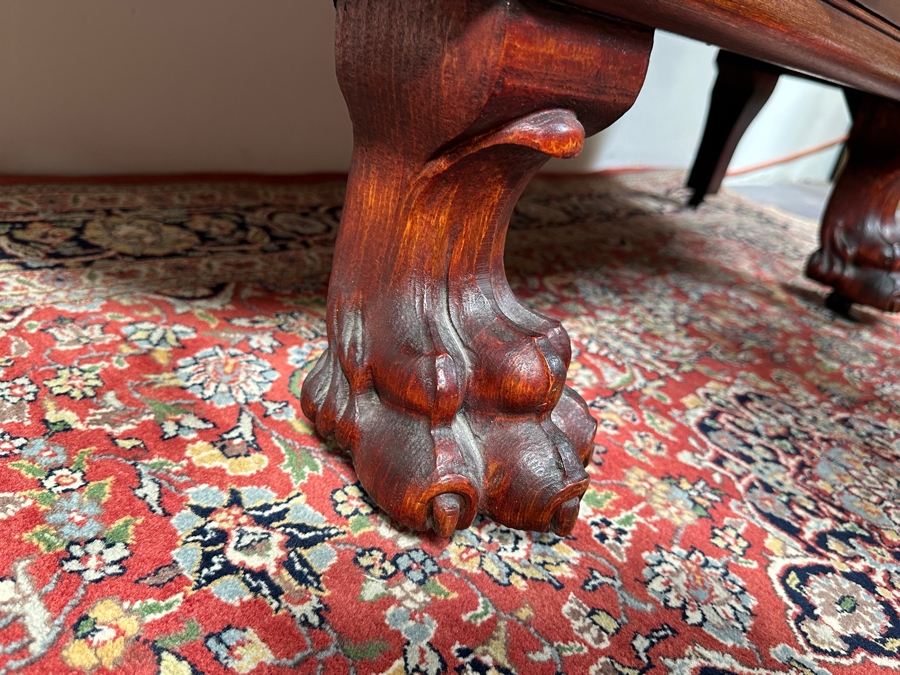 Antique Carved Mahogany Curio Cabinet on Casters with Claw Feet and Wooden Shelves 48'W x 15'D x 73'H [Photo 9]