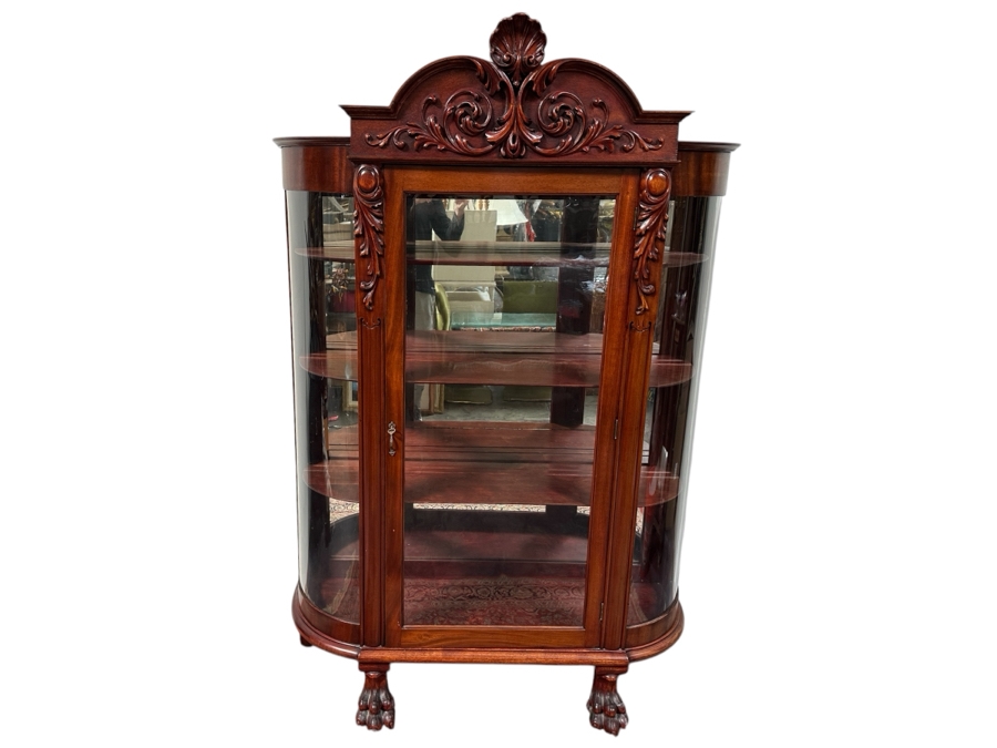 Antique Carved Mahogany Curio Cabinet on Casters with Claw Feet and Wooden Shelves 48'W x 15'D x 73'H [Photo 1]