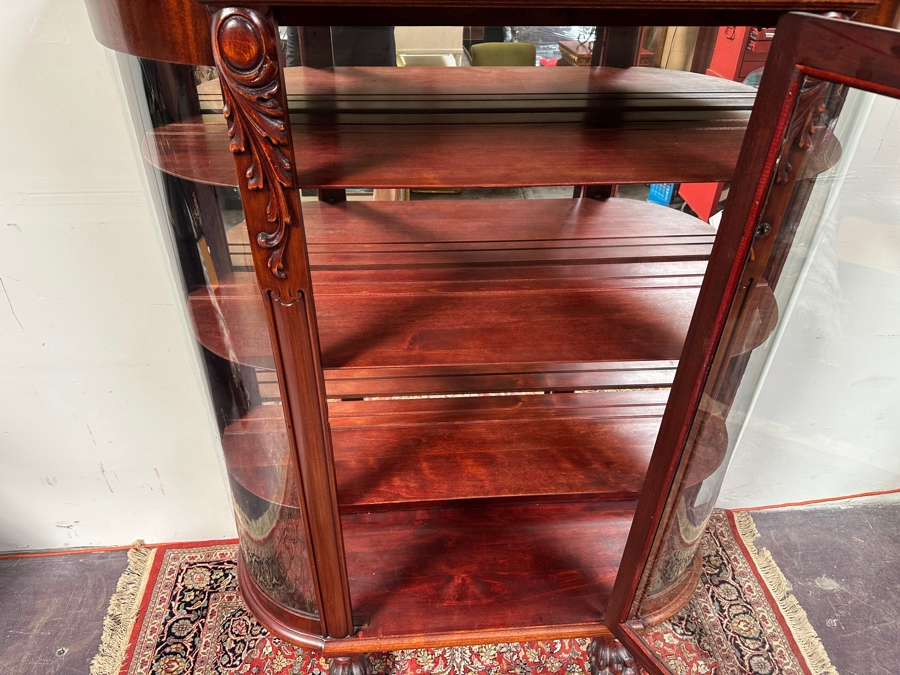 Antique Carved Mahogany Curio Cabinet on Casters with Claw Feet and Wooden Shelves 48'W x 15'D x 73'H [Photo 16]