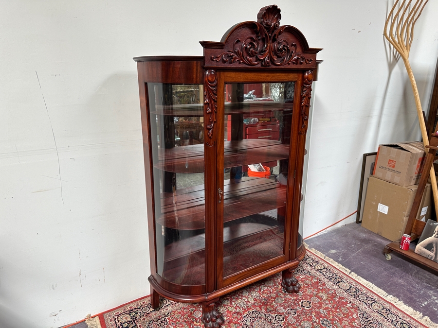 Antique Carved Mahogany Curio Cabinet on Casters with Claw Feet and Wooden Shelves 48'W x 15'D x 73'H [Photo 12]