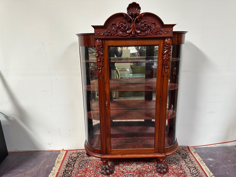 Antique Carved Mahogany Curio Cabinet on Casters with Claw Feet and Wooden Shelves 48'W x 15'D x 73'H [Photo 2]