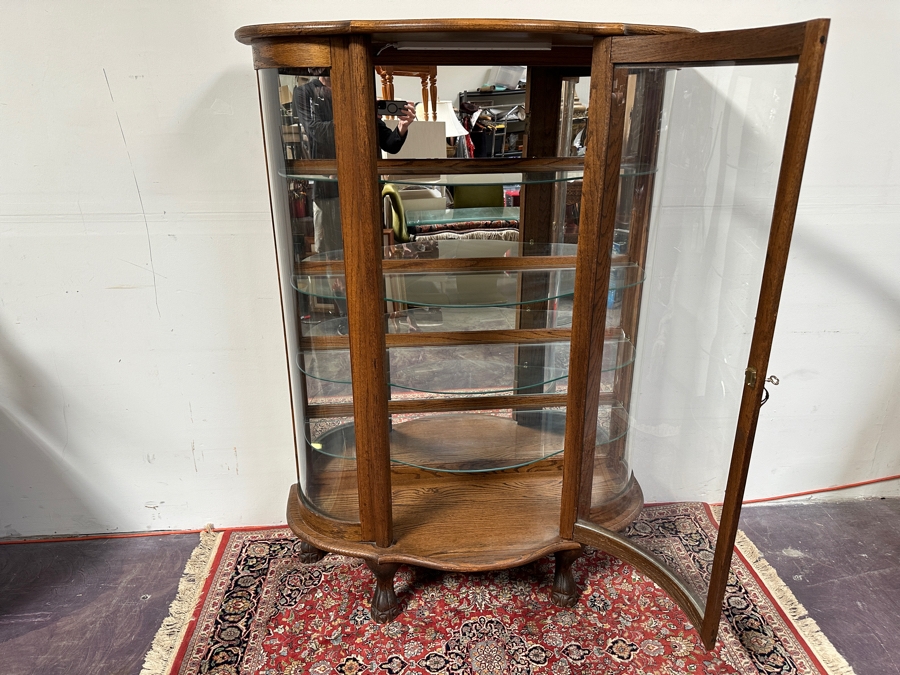 Carved Oak Curio Cabinet with Glass Shelving and Added LED Light 45'W x 18'D x 63'H [Photo 8]