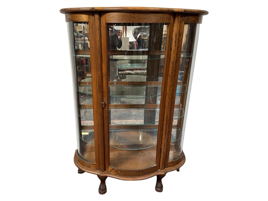 Carved Oak Curio Cabinet with Glass Shelving and Added LED Light 45'W x 18'D x 63'H [Photo 1]