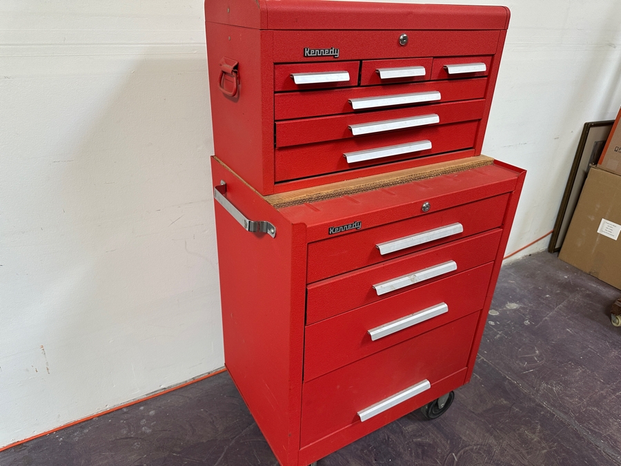 Kennedy Rolling Cabinet Toolbox With Mechanics Chest Filled With Tools 29W X 19D X 49.5H - See Photos [Photo 35]