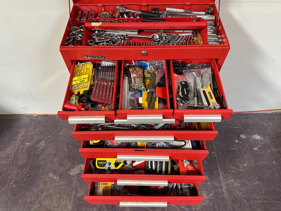 Kennedy Rolling Cabinet Toolbox With Mechanics Chest Filled With Tools 29W X 19D X 49.5H - See Photos [Photo 11]