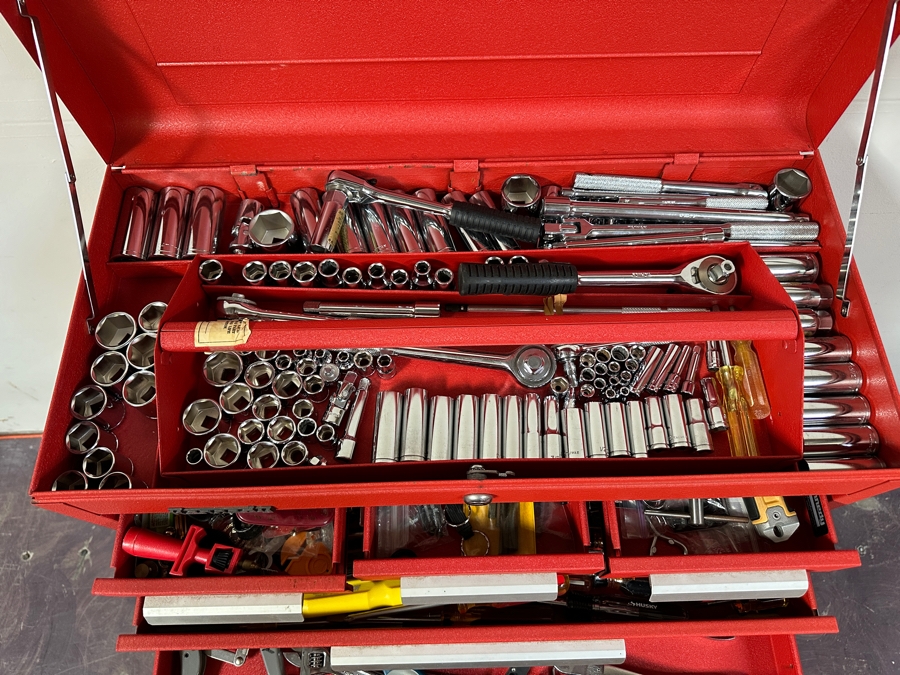 Kennedy Rolling Cabinet Toolbox With Mechanics Chest Filled With Tools 29W X 19D X 49.5H - See Photos [Photo 10]