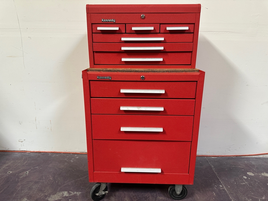 Kennedy Rolling Cabinet Toolbox With Mechanics Chest Filled With Tools 29W X 19D X 49.5H - See Photos [Photo 33]