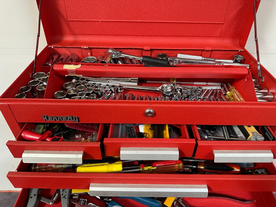 Kennedy Rolling Cabinet Toolbox With Mechanics Chest Filled With Tools 29W X 19D X 49.5H - See Photos [Photo 9]