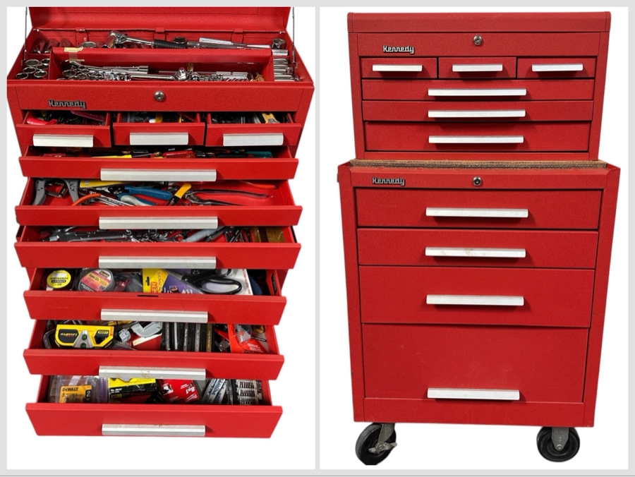 Kennedy Rolling Cabinet Toolbox With Mechanics Chest Filled With Tools 29W X 19D X 49.5H - See Photos [Photo 1]