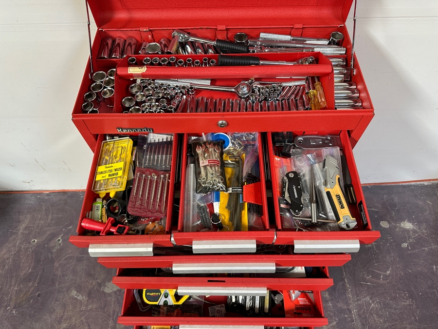 Kennedy Rolling Cabinet Toolbox With Mechanics Chest Filled With Tools 29W X 19D X 49.5H - See Photos [Photo 12]