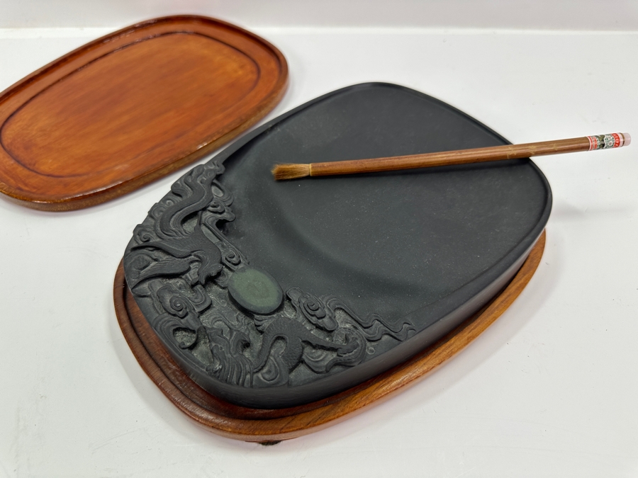 Vintage Hand Carved Chinese Duan Calligraphy Inkstone with Brush 7'W x 10'D [Photo 3]