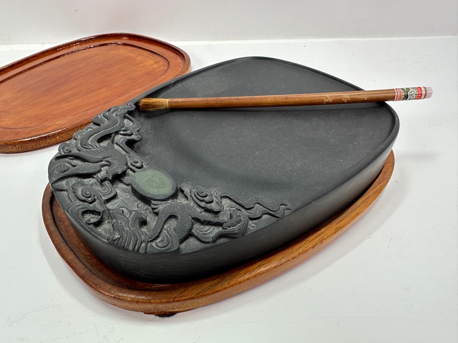 Vintage Hand Carved Chinese Duan Calligraphy Inkstone with Brush 7'W x 10'D [Photo 4]