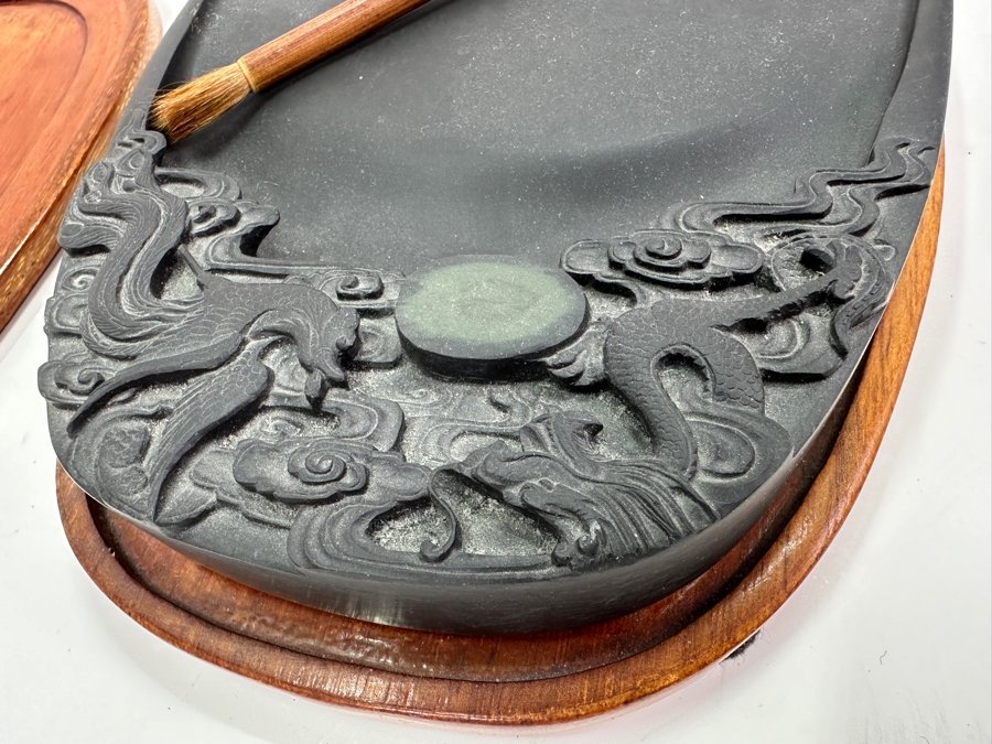 Vintage Hand Carved Chinese Duan Calligraphy Inkstone with Brush 7'W x 10'D [Photo 6]