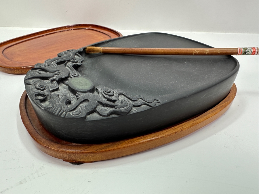 Vintage Hand Carved Chinese Duan Calligraphy Inkstone with Brush 7'W x 10'D [Photo 8]