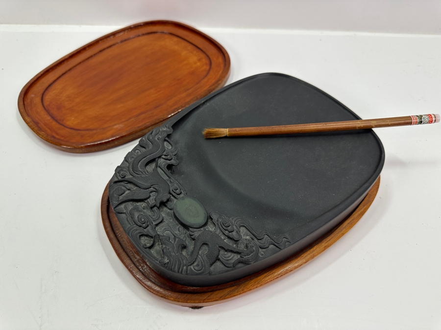 Vintage Hand Carved Chinese Duan Calligraphy Inkstone with Brush 7'W x 10'D [Photo 2]