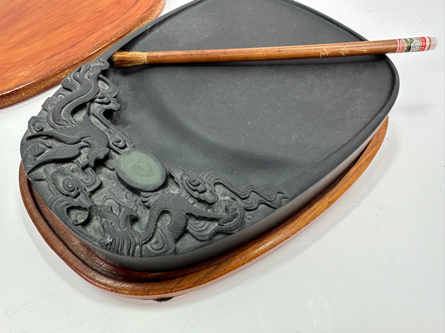 Vintage Hand Carved Chinese Duan Calligraphy Inkstone with Brush 7'W x 10'D [Photo 5]