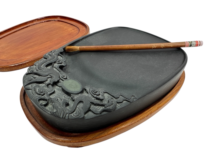 Vintage Hand Carved Chinese Duan Calligraphy Inkstone with Brush 7'W x 10'D [Photo 1]
