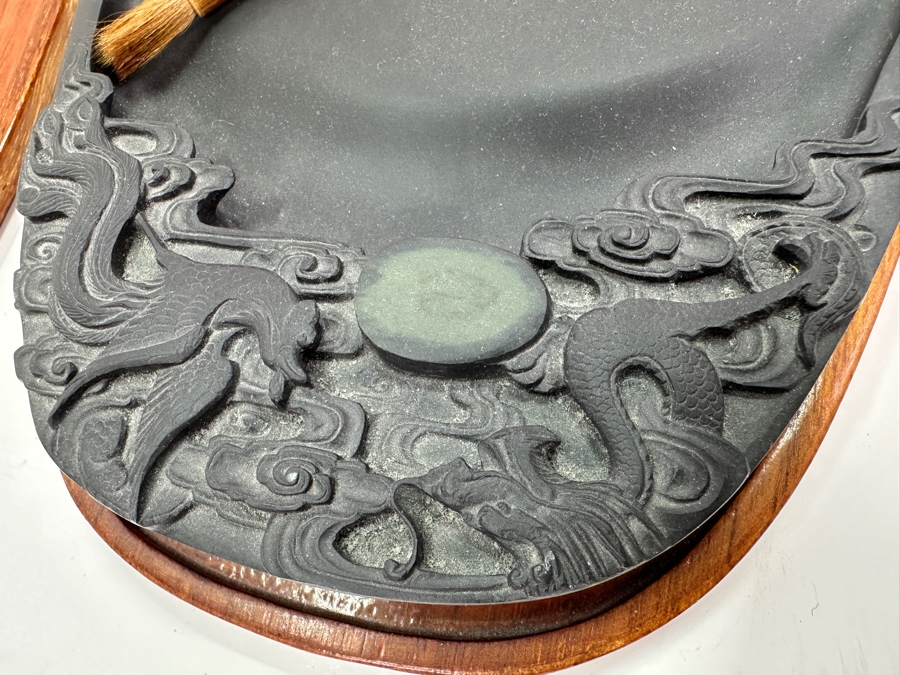 Vintage Hand Carved Chinese Duan Calligraphy Inkstone with Brush 7'W x 10'D [Photo 7]
