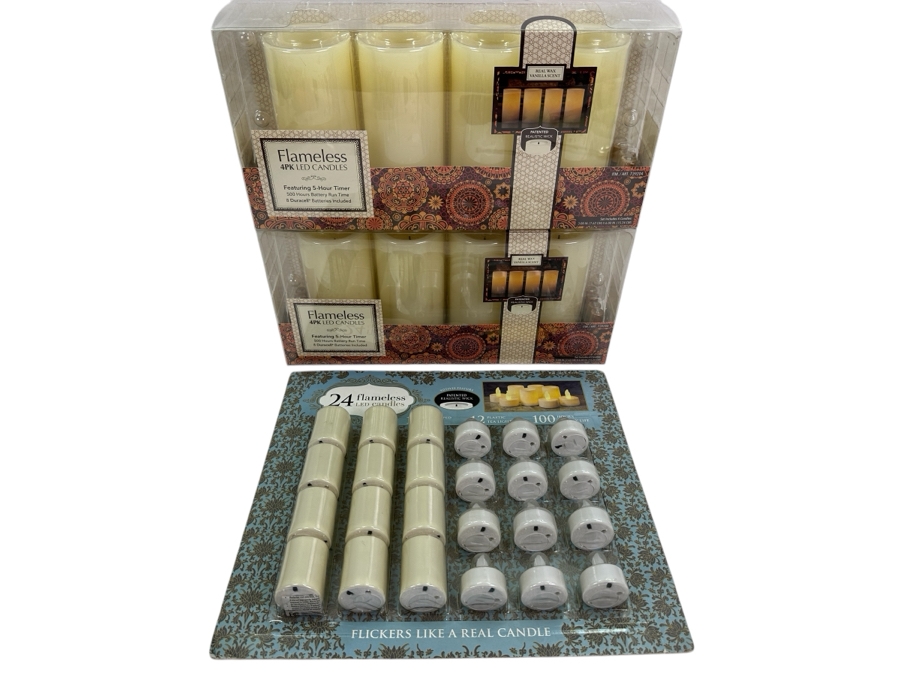 LED Candles (8) Large 3W x 6H, (12) Medium 1.5'W x 2' H, (12) Tea Light 