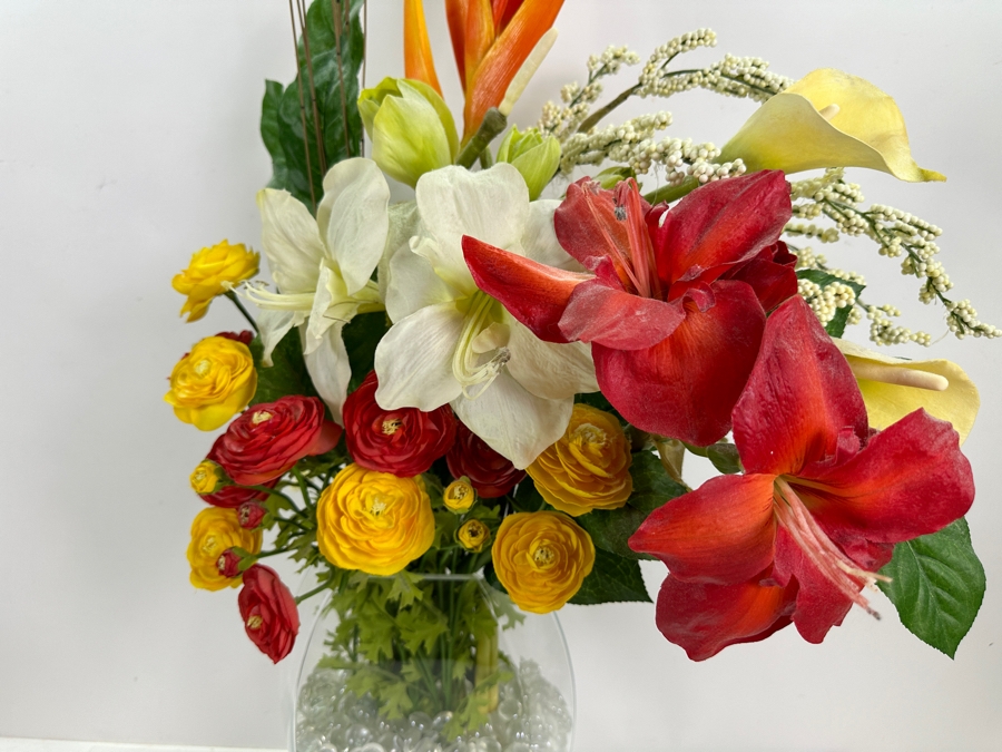 Modern Tropical Silk Flower Arrangement in Glass Vase with Clear Glass Pebbles 32'H [Photo 3]
