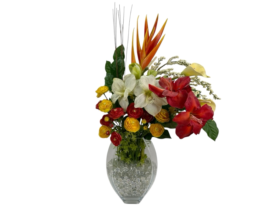 Modern Tropical Silk Flower Arrangement in Glass Vase with Clear Glass Pebbles 32'H [Photo 1]
