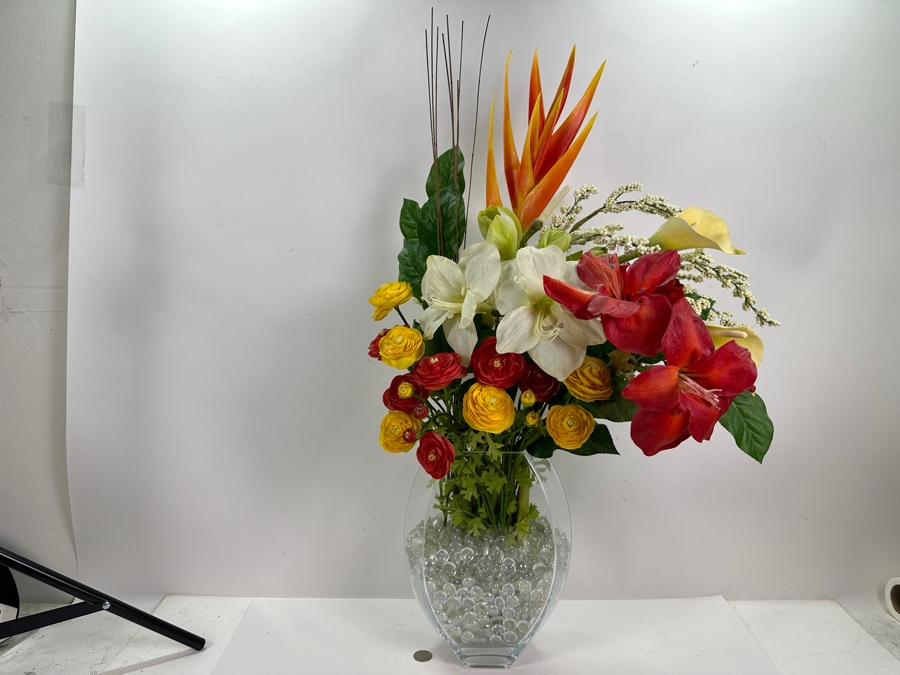 Modern Tropical Silk Flower Arrangement in Glass Vase with Clear Glass Pebbles 32'H [Photo 2]