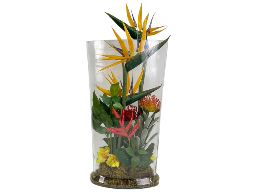 Large Tropical Silk Floral Arrangement in Glass Vase 28'H [Photo 1]