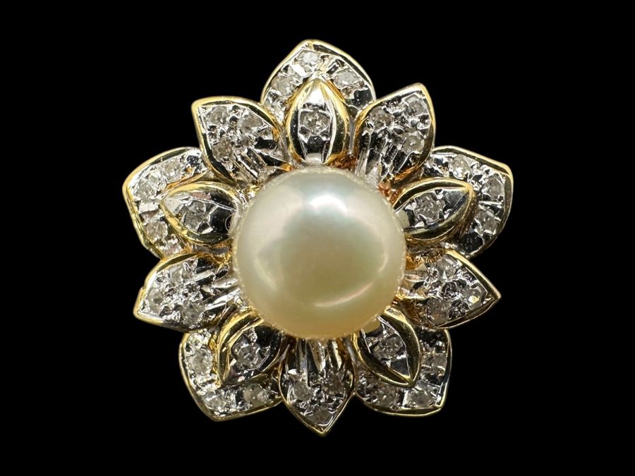 14k Gold Pearl Enhancer Pendant With An Est. .25cttw Round Diamonds And 7mm Round Pearl 4.1g Retails $1,200 [Photo 1]