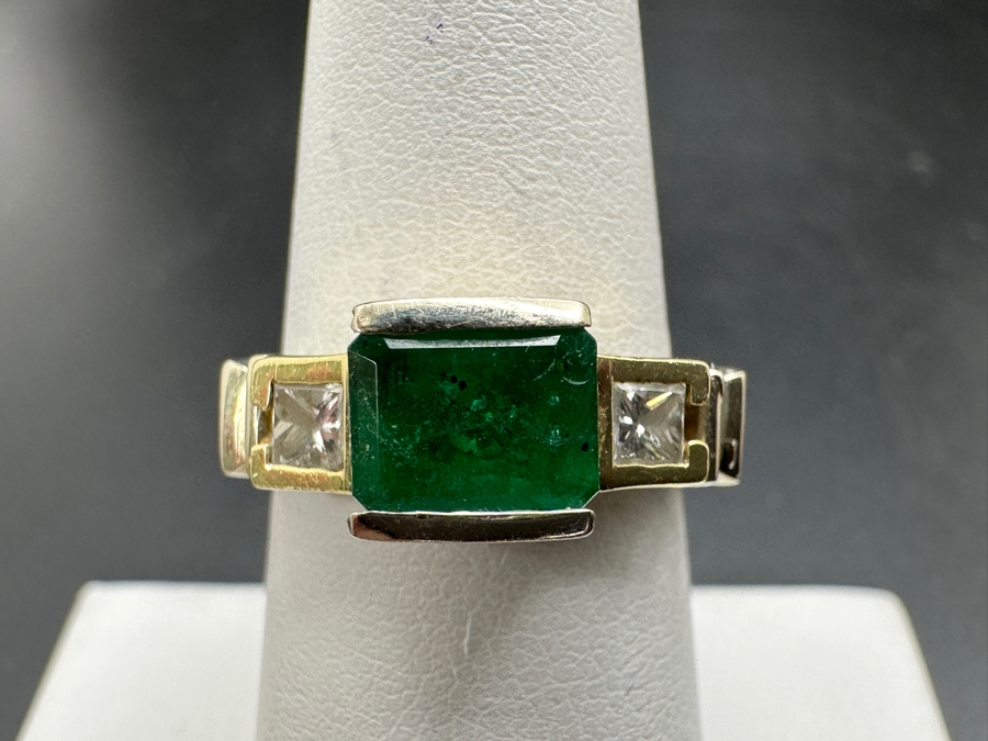 14k Gold Natural Emerald 7.35mm X 5.25mm (Est. 1ct) Set With (2) .09 Princess Cut Diamonds (Est. .18cttw) Size 7 6g Retails $4,800 [Photo 3]