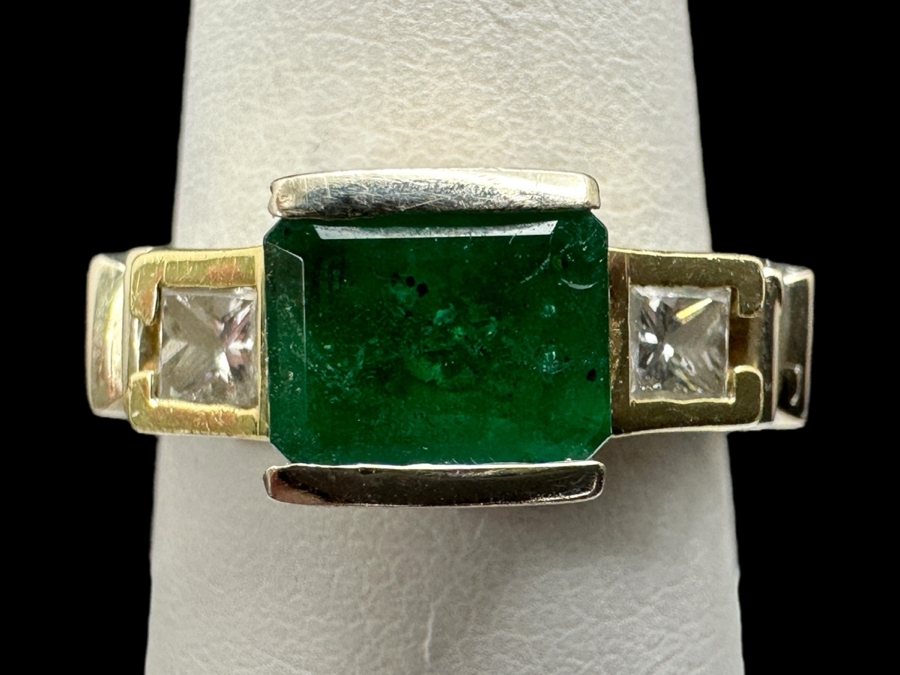 14k Gold Natural Emerald 7.35mm X 5.25mm (Est. 1ct) Set With (2) .09 Princess Cut Diamonds (Est. .18cttw) Size 7 6g Retails $4,800 [Photo 2]