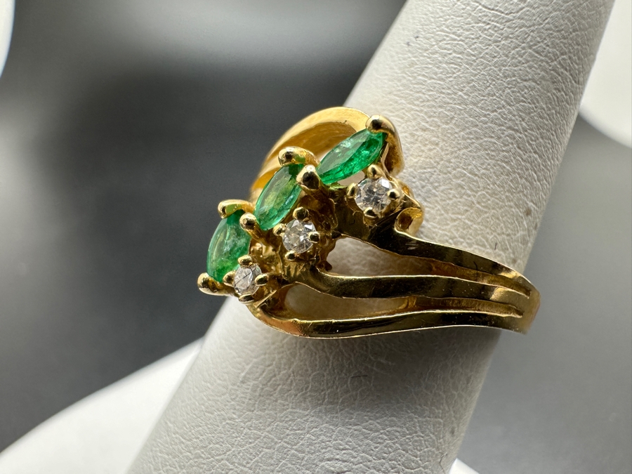 14k Gold Set With (3) 4 X 2 Marquise Emeralds And (3) .01 Round Diamonds Size 6.75 4g Retails $1,000 [Photo 3]