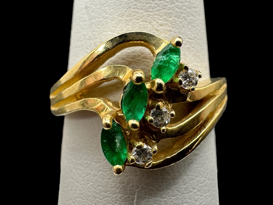 14k Gold Set With (3) 4 X 2 Marquise Emeralds And (3) .01 Round Diamonds Size 6.75 4g Retails $1,000
