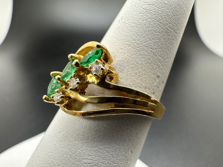 14k Gold Set With (3) 4 X 2 Marquise Emeralds And (3) .01 Round Diamonds Size 6.75 4g Retails $1,000 [Photo 4]