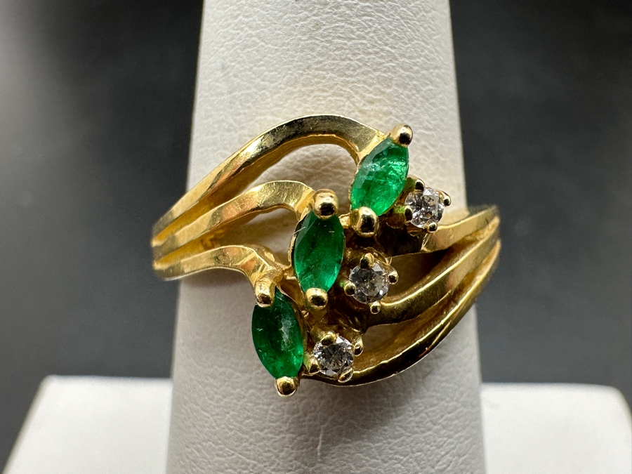 14k Gold Set With (3) 4 X 2 Marquise Emeralds And (3) .01 Round Diamonds Size 6.75 4g Retails $1,000 [Photo 2]