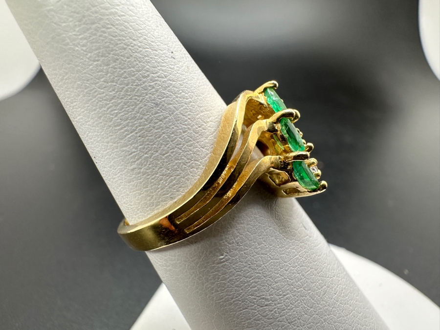 14k Gold Set With (3) 4 X 2 Marquise Emeralds And (3) .01 Round Diamonds Size 6.75 4g Retails $1,000 [Photo 5]