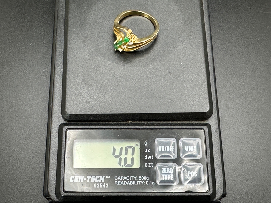 14k Gold Set With (3) 4 X 2 Marquise Emeralds And (3) .01 Round Diamonds Size 6.75 4g Retails $1,000 [Photo 10]